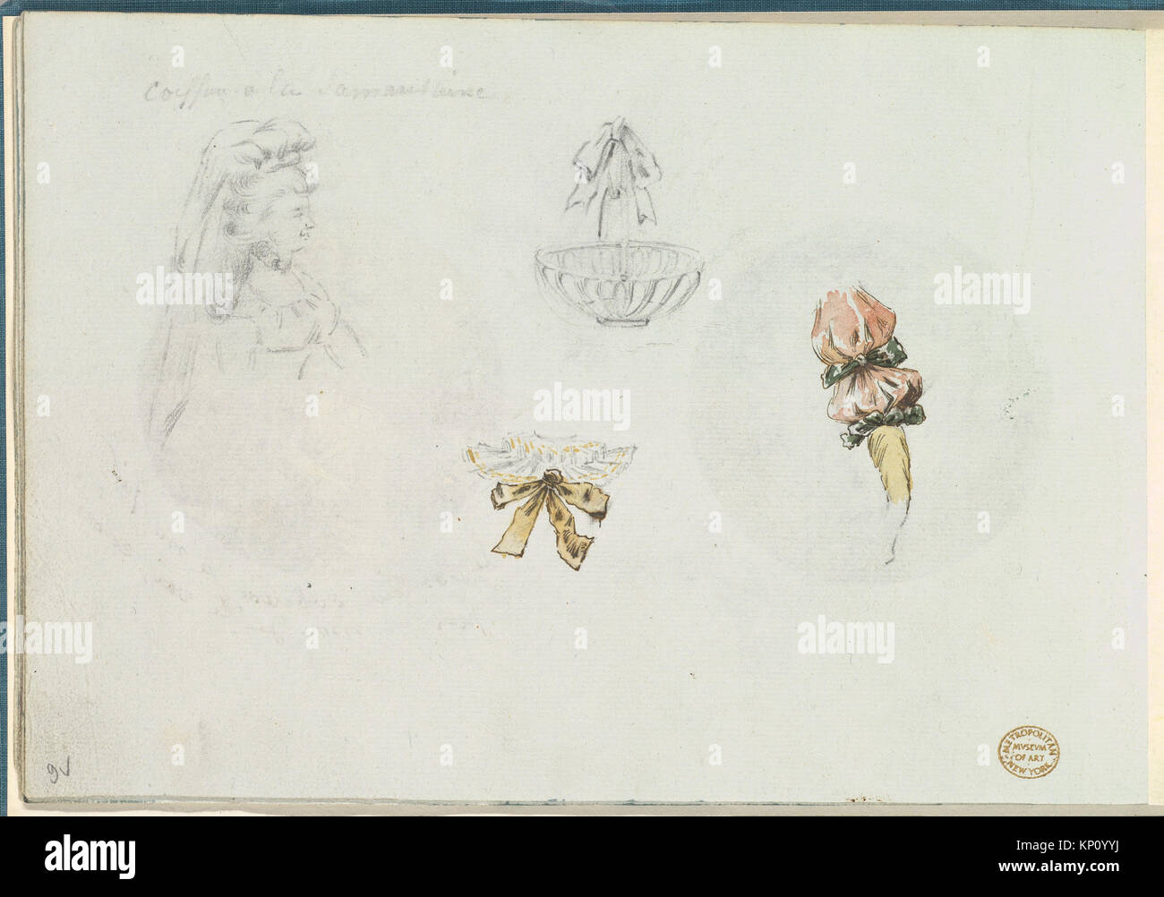 Diese französische Designskizze aus dem 18. Jahrhundert enthält vier Elemente: Eine brustlange Frau in einem Mieder mit Mütze und Schleier, einen Korb mit Schleife, einen Rüschenkragen und einen rosa Ärmel mit grünen Bändern. Die Skizze wird Antoine Caire-Morand zugeschrieben. Stockfoto