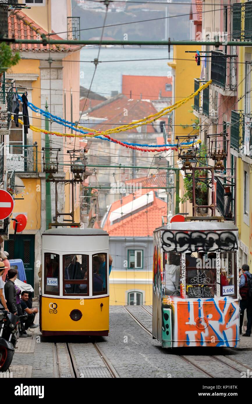 Standseilbahn Elevador da Bica gelb und Tag lackiert Standseilbahnen Lissabon Portugal. Stockfoto
