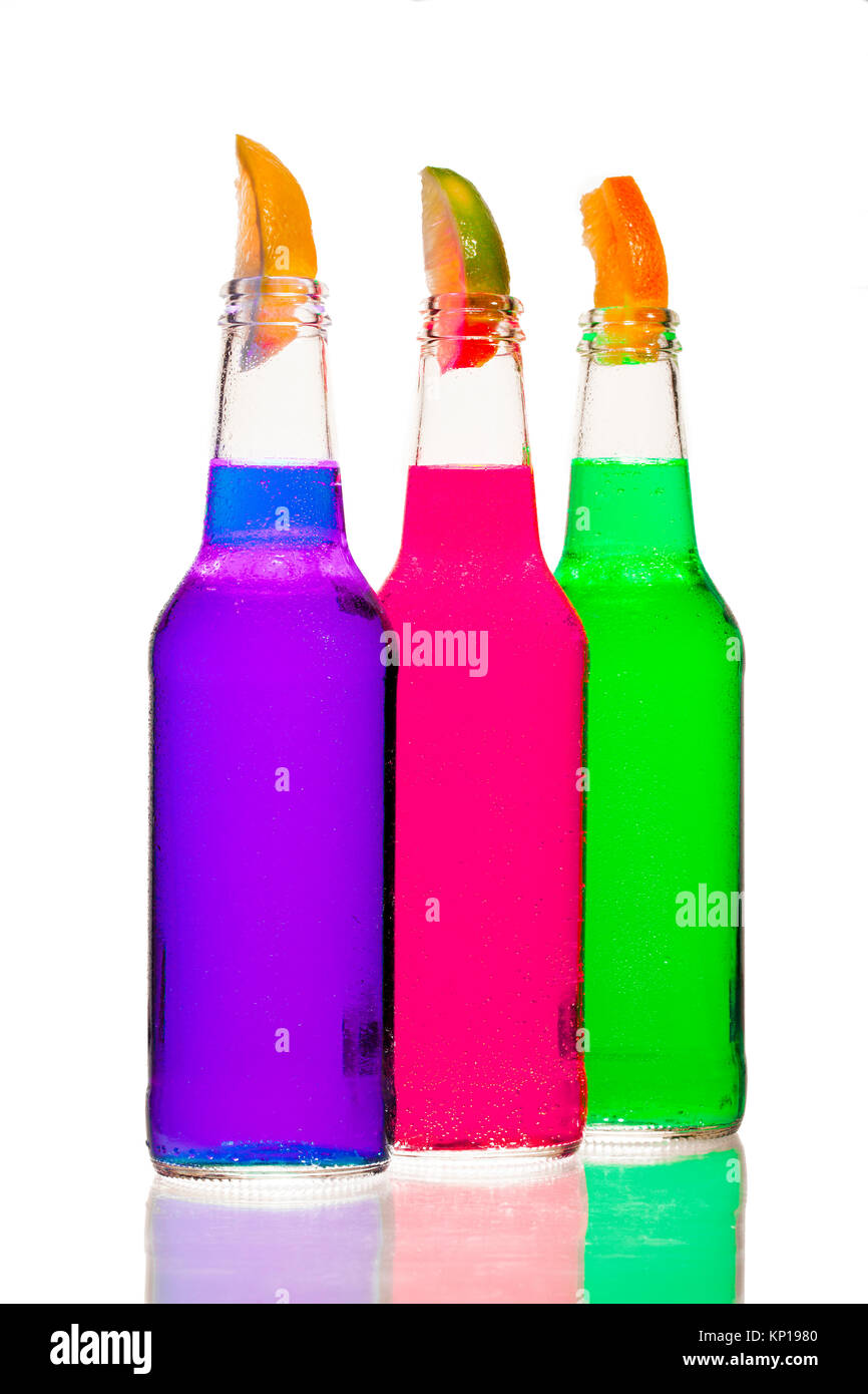 Rosa lila grün Flaschen Stockfoto