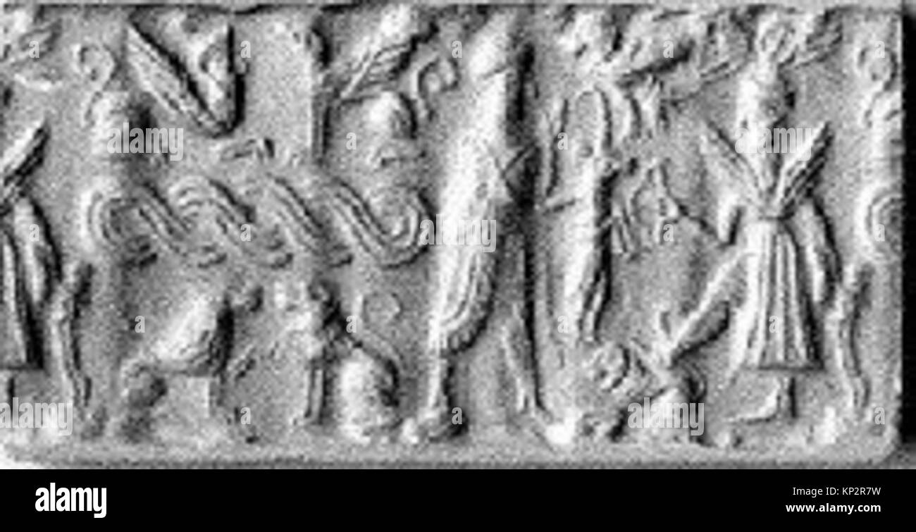 Das Zylindersiegel und sein moderner Eindruck stellen einen Opferträger vor einer geflügelten Gottheit dar, mit Endmotiven wie Sphinxen, Guillochienmustern und Löwen. Das Siegel stammt aus der neo-assyrischen Zeit und ist Teil der Sammlung des Metropolitan Museum of Art. Stockfoto