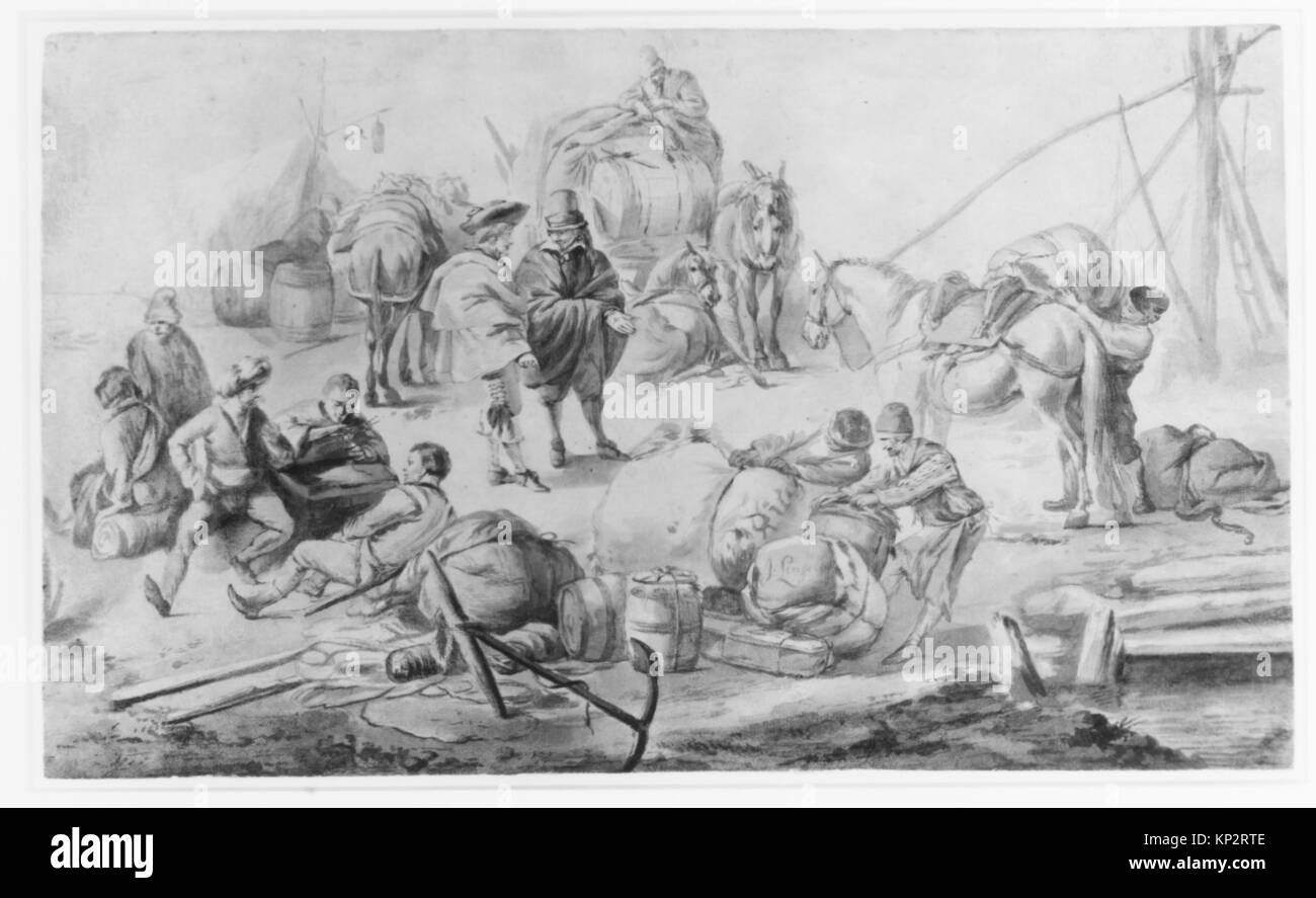 Darstellung historischer Figuren an einem Kai, die Docks, Schiffe und maritime Aktivitäten in alten Umgebungen zeigen. Stockfoto