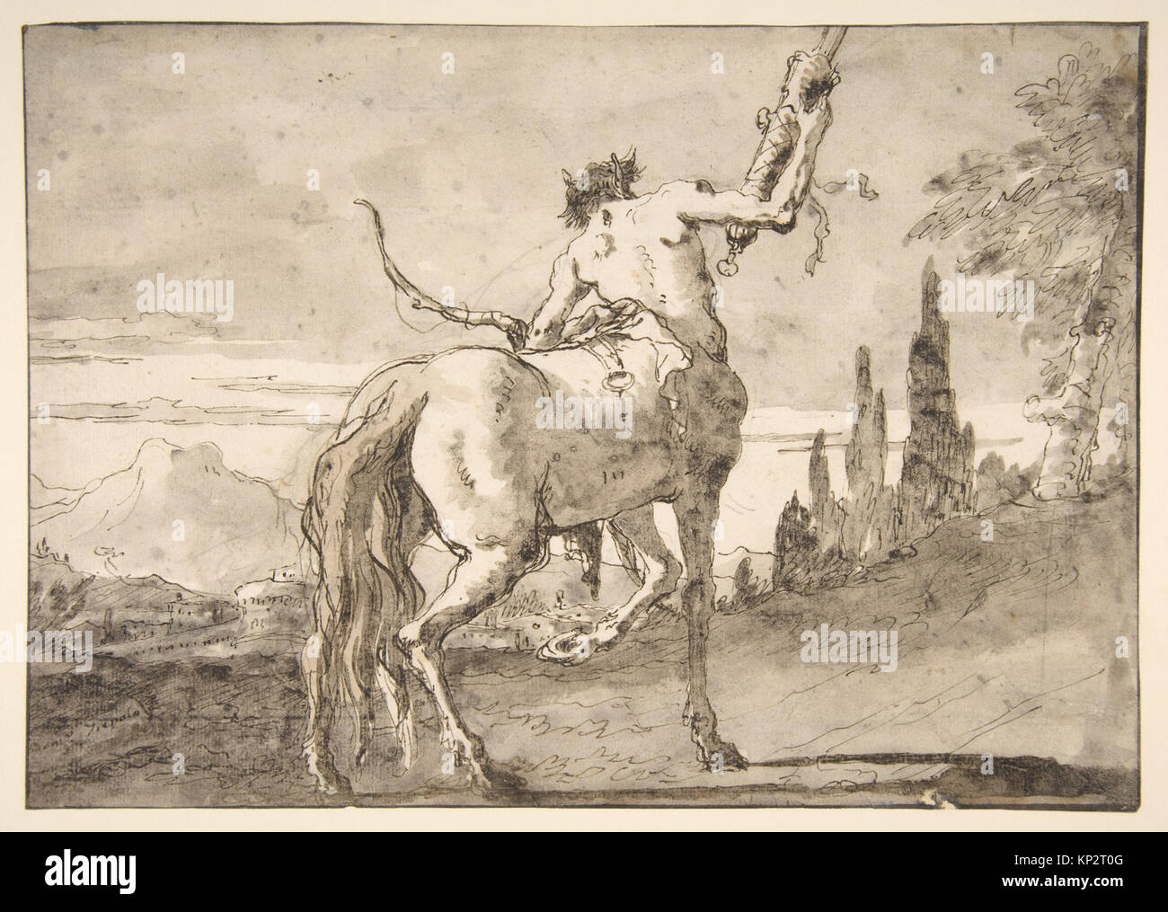 Giovanni Domenico Tiepolos Zeichnung „Centaur Holding Up a Quiver“ (1727–1804) stellt einen Zentauren mit einem Köcher, einem Behälter für Pfeile, in einem mythologischen Kontext dar. Das verwendete Medium umfasst Stift und dunkelbraune Tinte, Pinsel und graubraune Waschung über schwarzer Kreide. Die Abmessungen sind 19,4 x 27,4 cm (7 5/8 x 10 13/16 Zoll). Stockfoto
