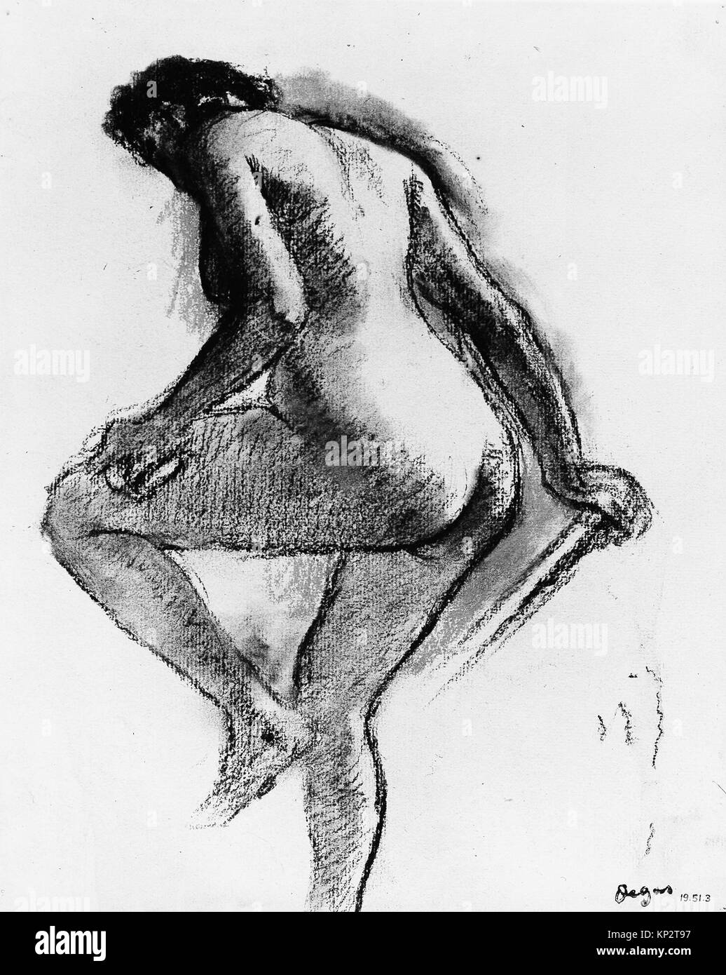 Eine historische Darstellung einer Badeerin, die ihr Knie wäscht, mit Schwerpunkt auf Körperhaltung, Anatomie und Details der Badepraxis. Stockfoto