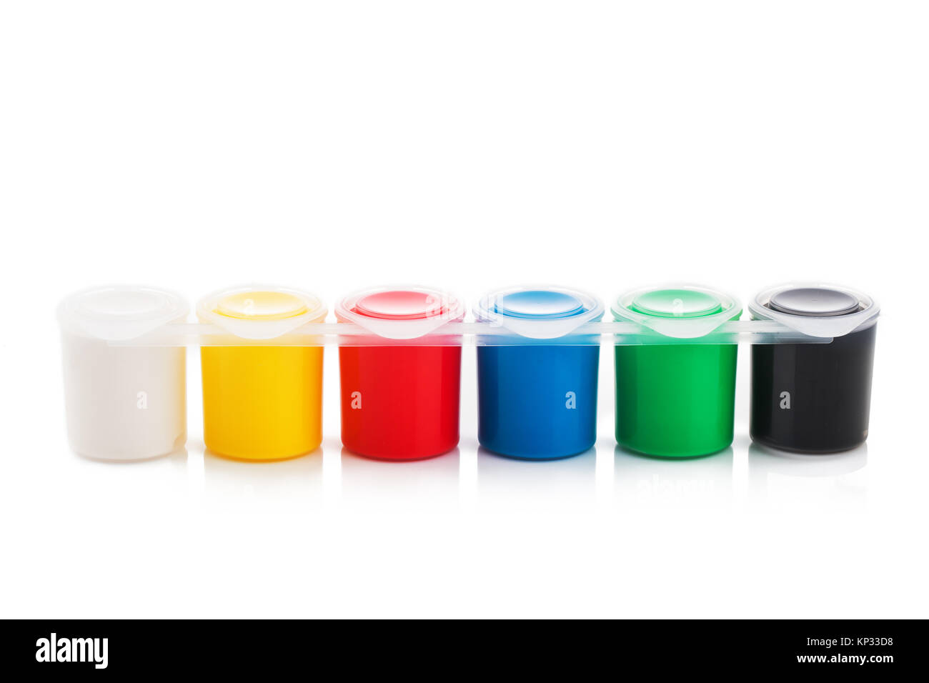Großen Satz von gouache Farbe Dosen in einer Reihe. Bunte Farben auf weißem isoliert. Stockfoto