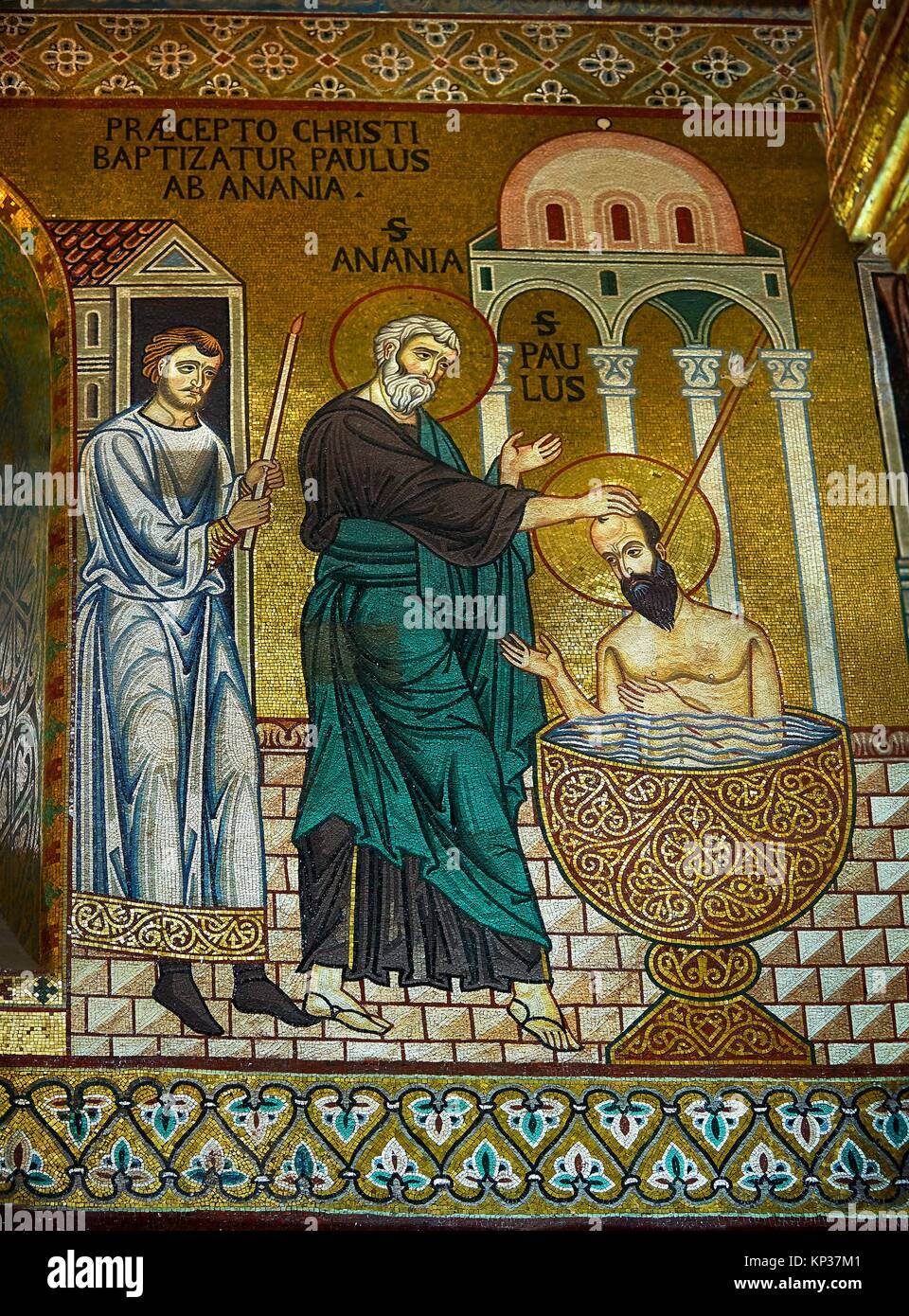 Mittelalterlichen byzantinischen Mosaiken des hl. Paulus in die pfälzische Kapelle, die Cappella Palatina, Palermo, Italien bapitised. Stockfoto