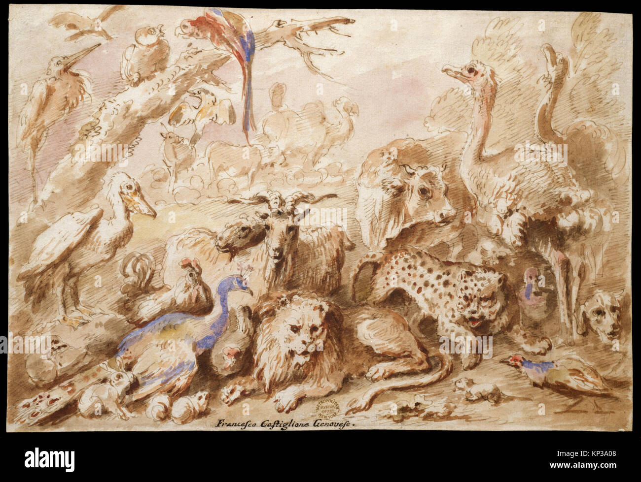 Eine Illustration aus dem Metropolitan Museum, die eine Sammlung von Tieren zeigt, die verschiedene Arten, Verhalten und naturalistische Komposition in historischen Kunstwerken darstellen. Stockfoto