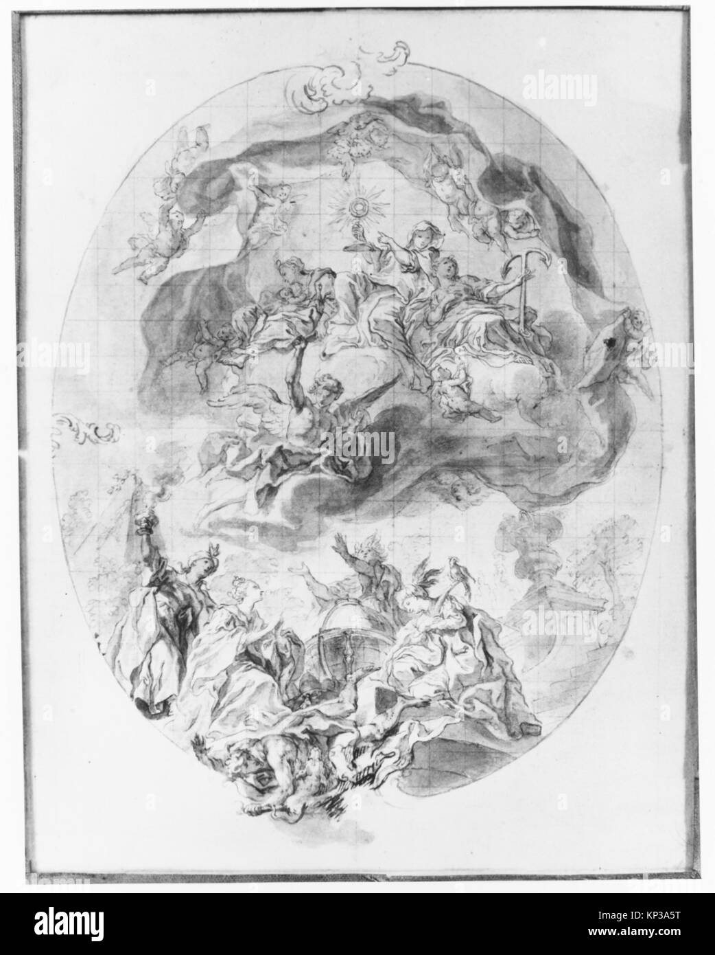 Dieses Kunstwerk zeigt Menschen aus vier Kontinenten, die an Zeremonien teilnehmen, um Gottheiten anzurufen, wobei traditionelle Kleidung, kulturelle Rituale und symbolische Handlungen hervorgehoben werden. Stockfoto