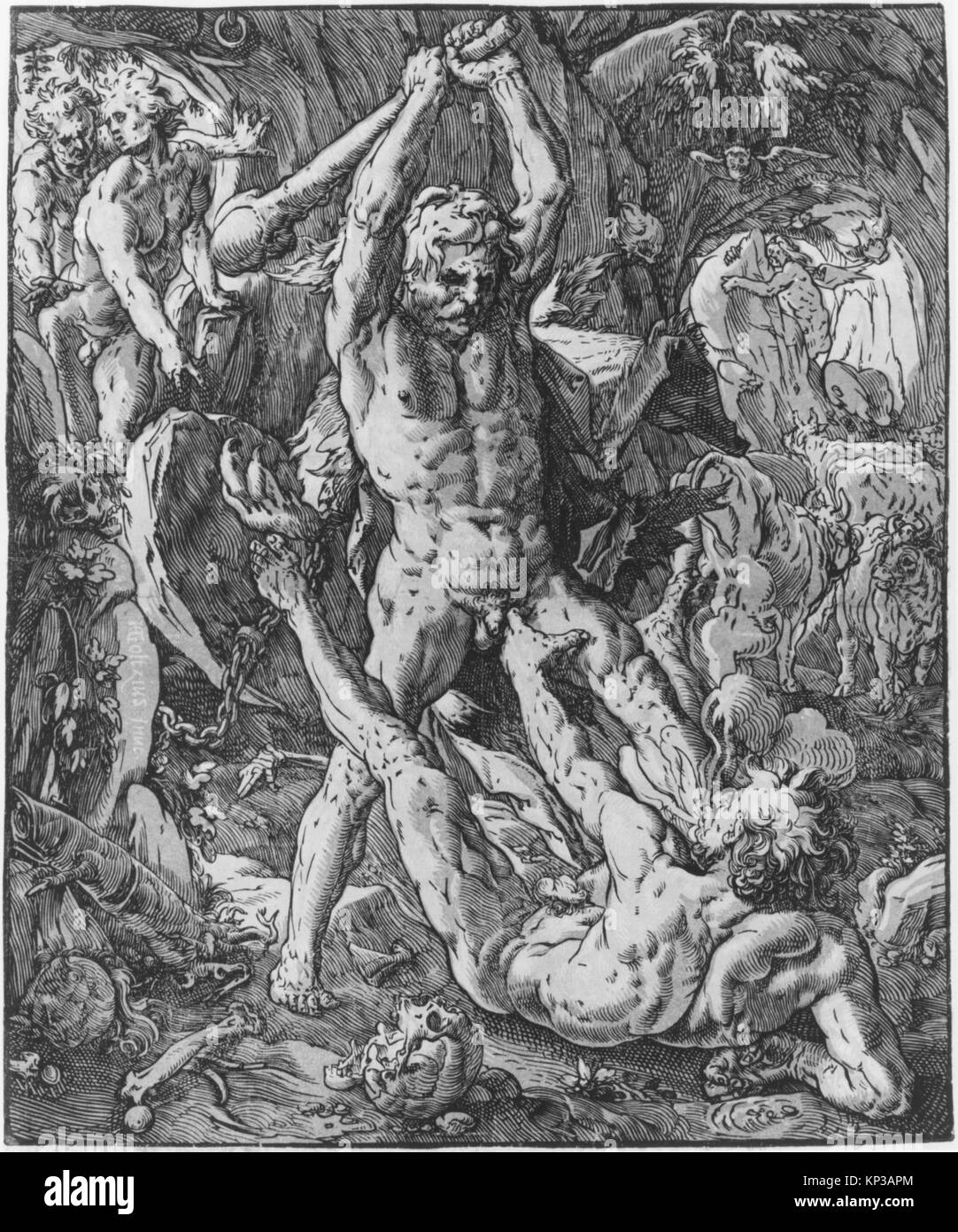 Darstellung der mythologischen Schlacht zwischen Herkules und Kakus, katalogisiert MET MM92471 343585, illustriert heroische Erzählung und klassische künstlerische Darstellung. Stockfoto