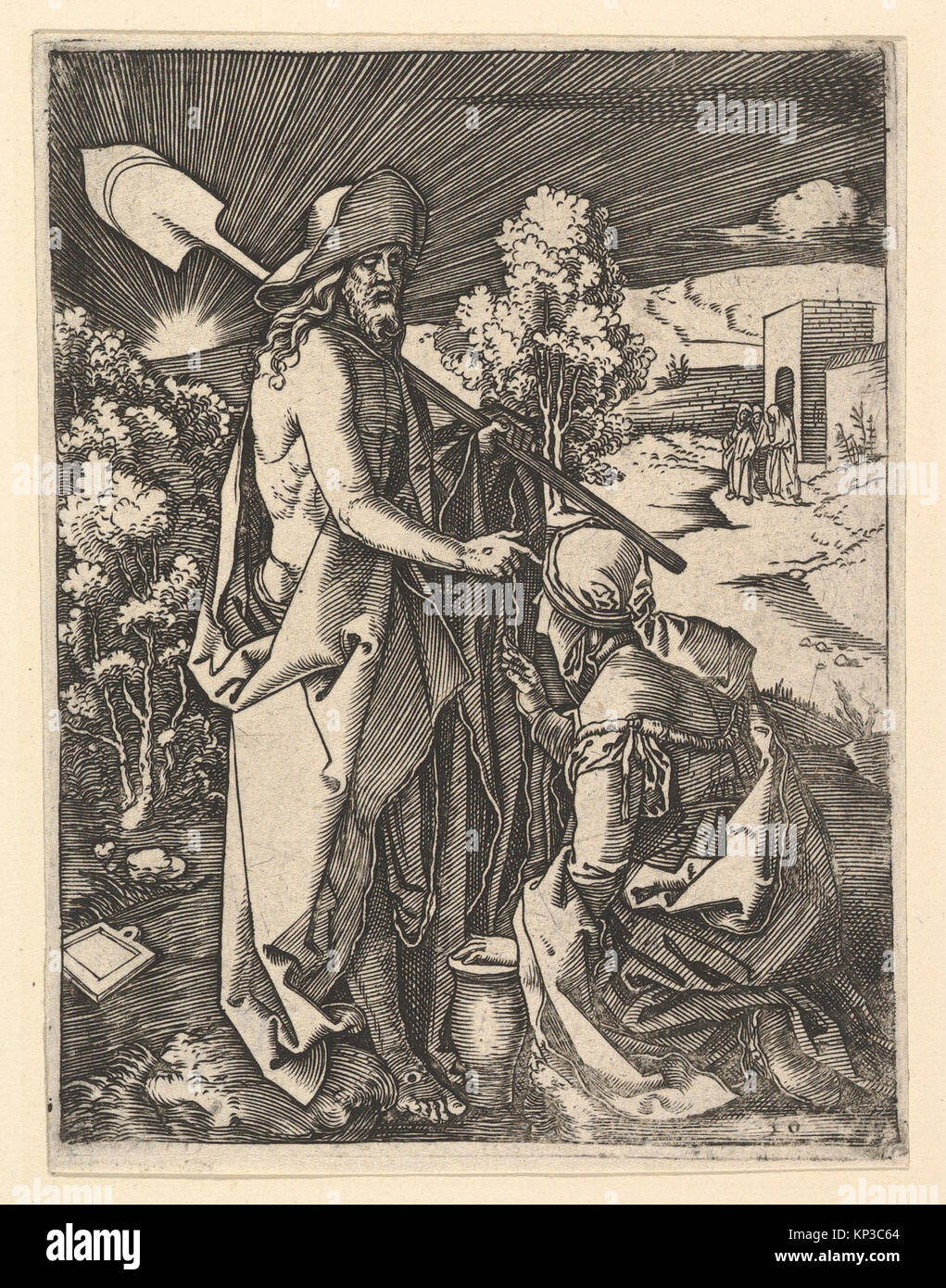 Eine Illustration, in der Christus Maria Magdalena in einem Garten erscheint, die Figur Christi in Gärtnerbekleidung und die Interaktion mit Magdalena in einer natürlichen Umgebung darstellt. Stockfoto