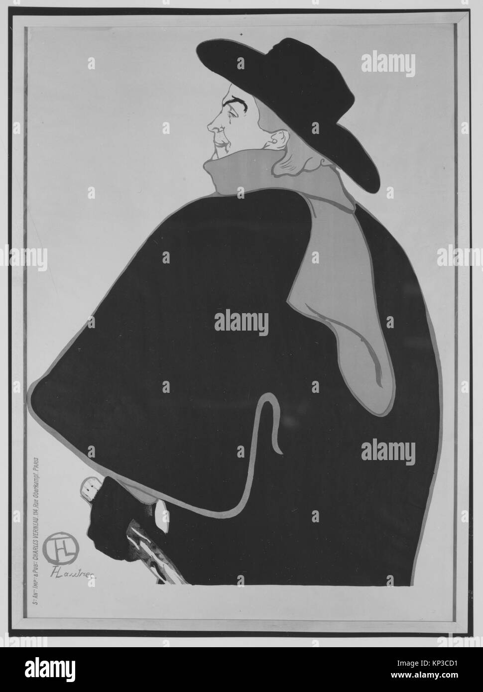 Poster von Aristide Bruant, der in seinem Kabarett in Paris auftritt und sein unverwechselbares Outfit und seine Bühnenpräsenz zeigt. Stockfoto