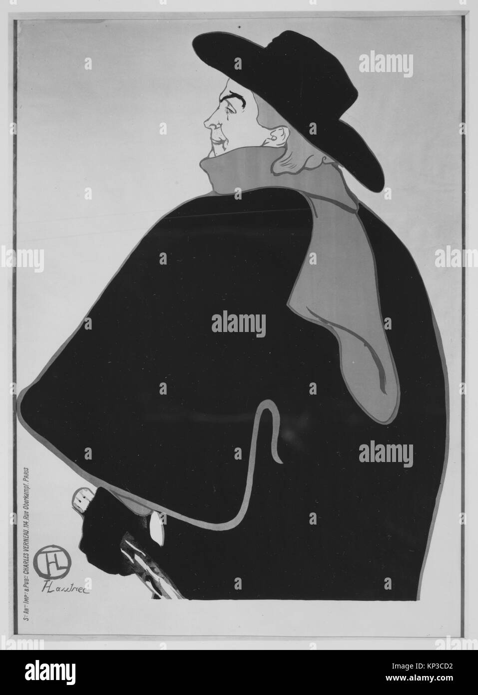 Illustration von Aristide Bruant, der in seinem Pariser Kabarett auftritt und seine charakteristische Kleidung und seine ausdrucksstarke Pose hervorhebt. Stockfoto