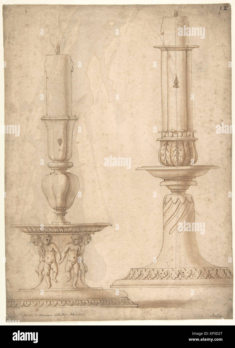 Diese Abbildung zeigt ein Design für zwei Kerzenhalter mit verzierten Sockeln, die Form, Ornamente und historische Metallarbeiten hervorheben. Stockfoto Diese Abbildung zeigt ein Design für zwei Kerzenhalter mit verzierten Sockeln, die Form, Ornamente und historische Metallarbeiten hervorheben. Stockfoto