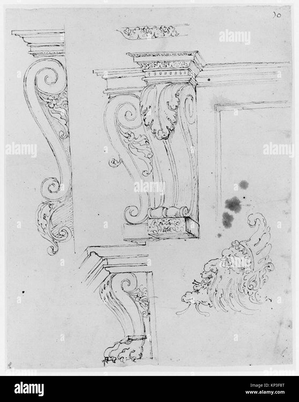 Abbildungen von vier architektonischen Konsolentwürfen und einer dekorativen Maske mit Details, Perspektive und Form. Stockfoto