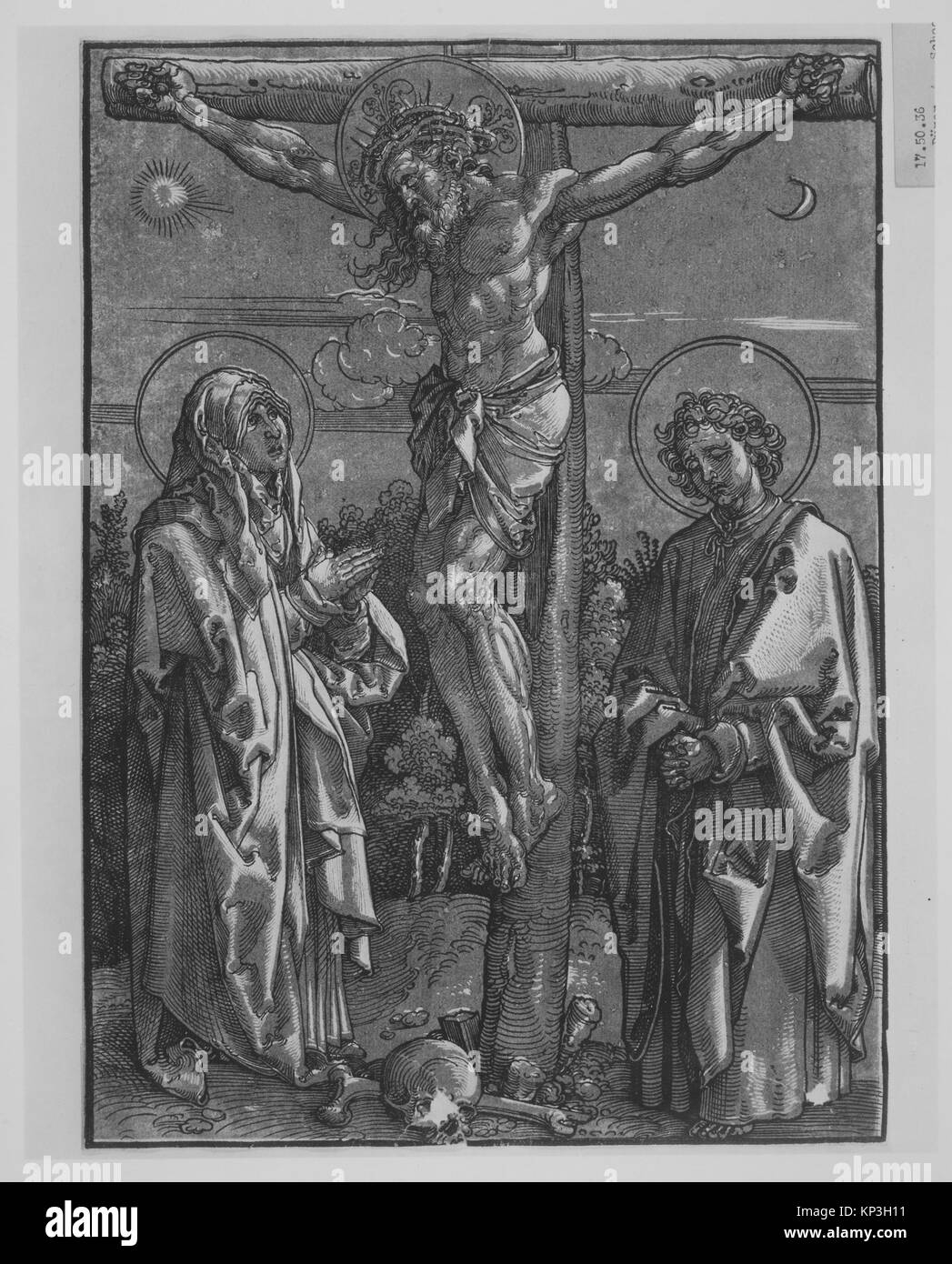 Eine Darstellung von Christus am Kreuz mit der Jungfrau und dem Heiligen Johannes, die ikonographische Elemente, künstlerische Komposition und historische Maltechniken in der MET-Sammlung zeigt. Stockfoto