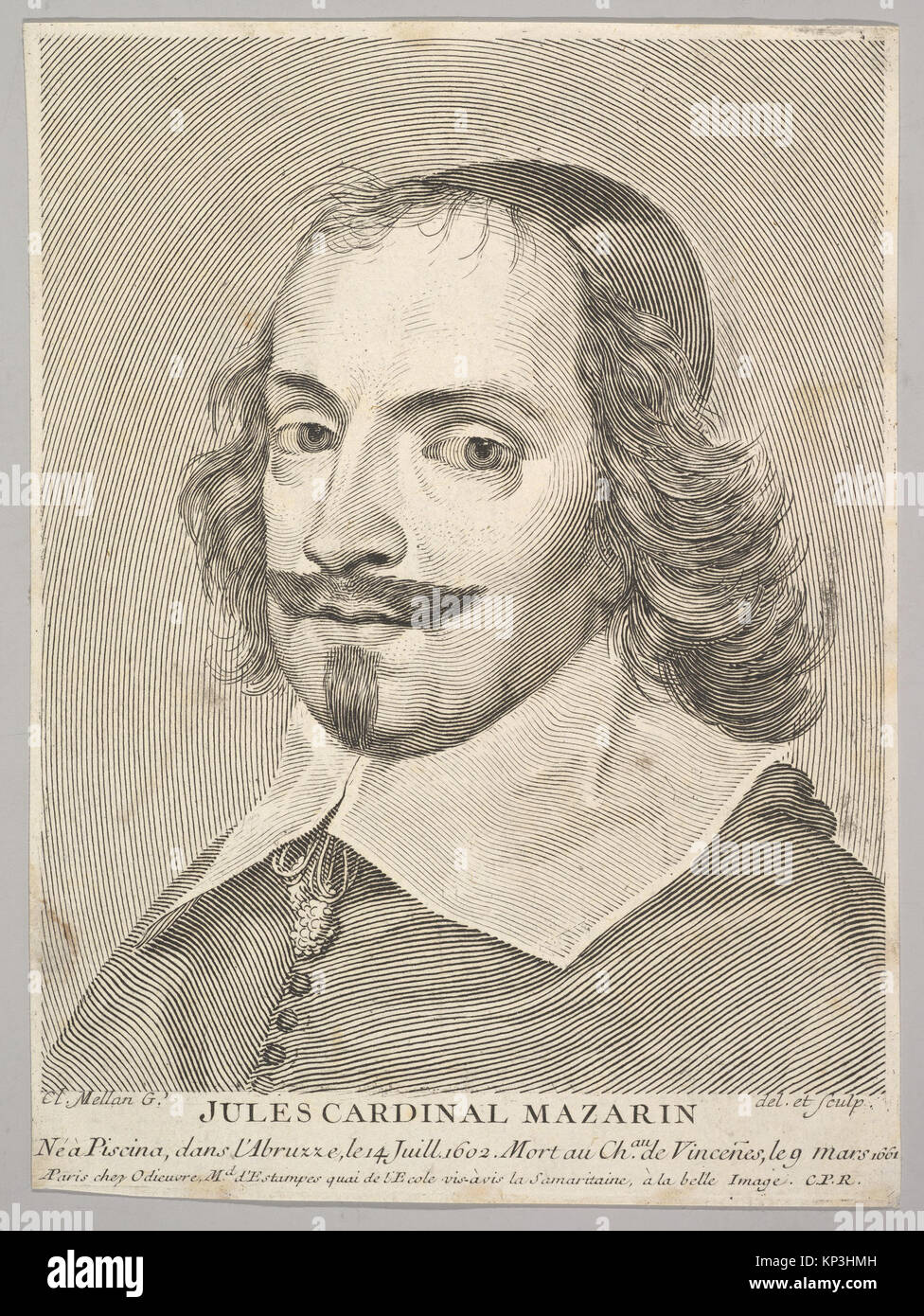 Gravur von Claude Mellan, der Kardinal Jules Mazarin, französischer Staatsmann und Ministerpräsident von Ludwig XIV. Darstellt. Dieses Porträt im ersten Zustand von drei Jahren, zeigt Mellans detaillierte Linienarbeit und Schattierungstechniken. Stockfoto