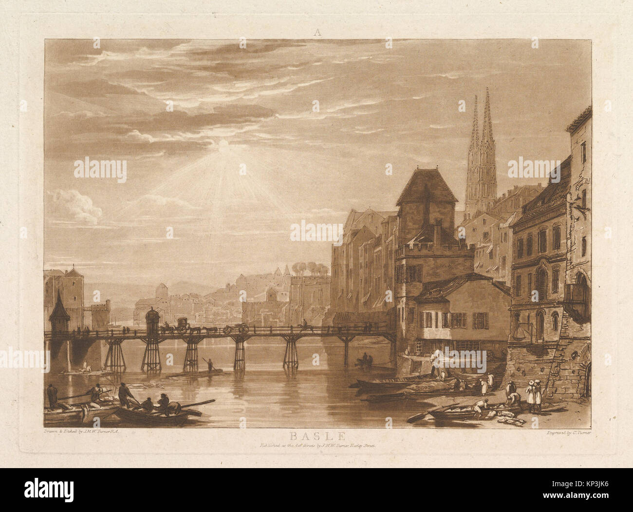 Ätzung und Mezzotint mit Basle, Schweiz, entworfen und geätzt von J.M.W. Turner, veranschaulicht Landschaftsmerkmale, Gebäude und atmosphärische Effekte. Stockfoto