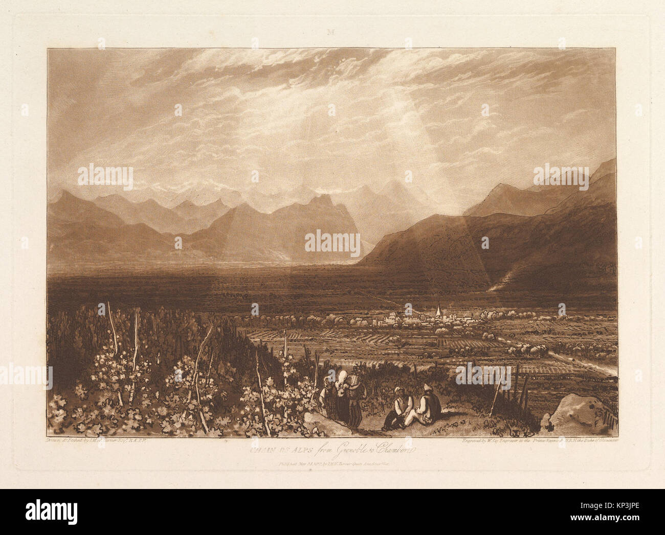 Landschaftsätzung und Mezzotint, die die Alpen von Grenoble bis Chamberi zeigen, Teil von Turners Liber Studiorum-Serie, die Berge und atmosphärische Effekte zeigt. Stockfoto