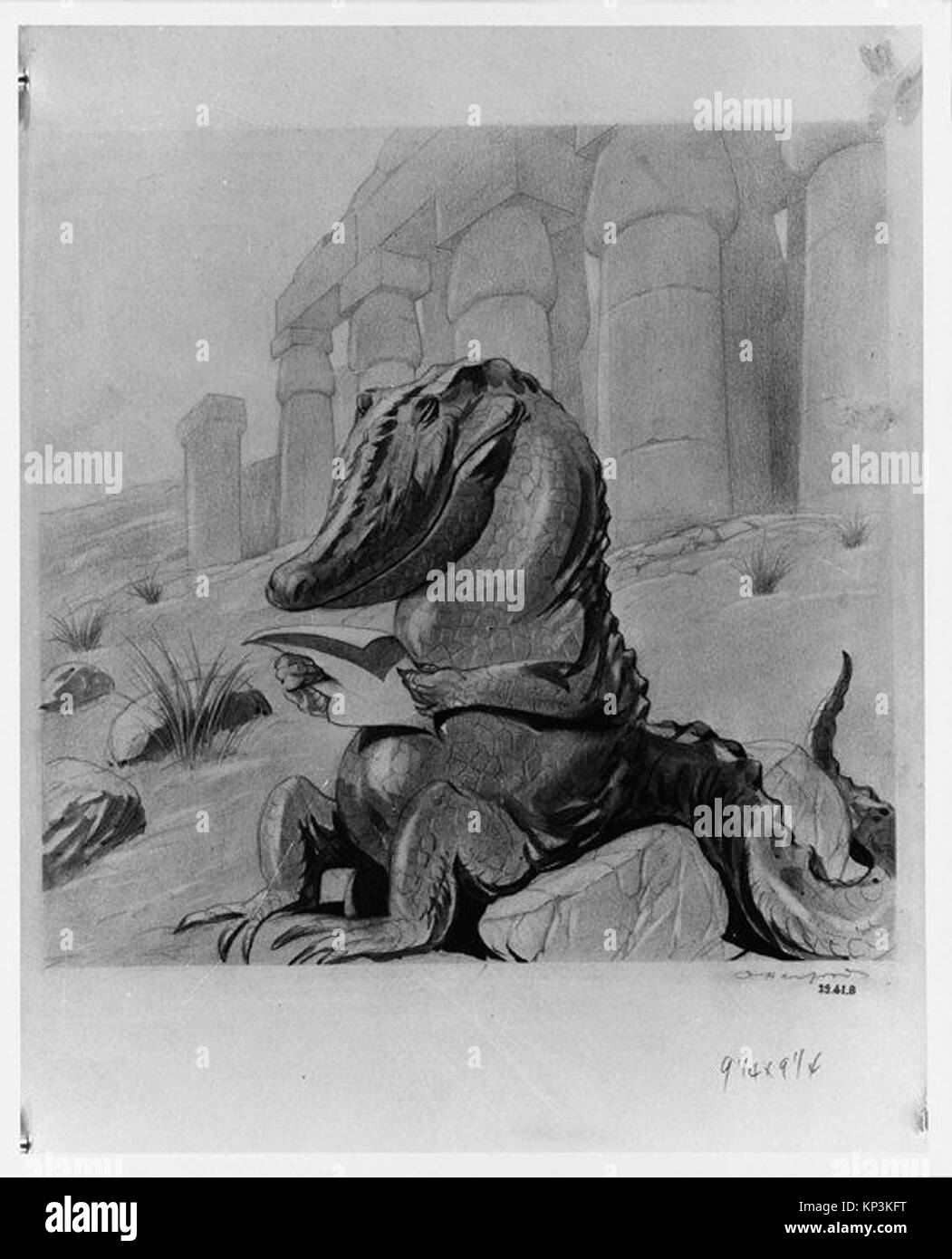 Eine illustrierte Buchseite, die ein Krokodil in einem historischen Kontext darstellt, die künstlerische Darstellung und naturalistische Details zeigt. Stockfoto