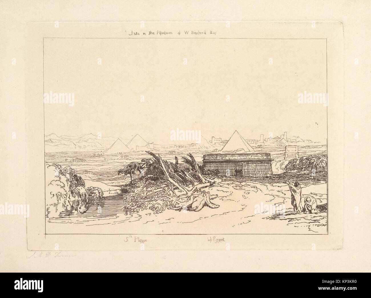 Ätzung von J.M.W. Turner zur Darstellung der Fünften Pest von Ägypten, Teil der Serie Liber Studiorum, die biblische Ereignisse mit detaillierten Linienarbeiten und dramatischer Komposition veranschaulicht. Stockfoto
