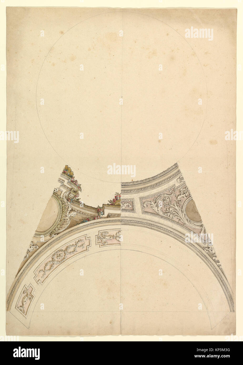 Eine detaillierte Zeichnung eines Deckendesigns mit symmetrischen Mustern und ornamentaler Dekoration für die Innenarchitektur. Stockfoto