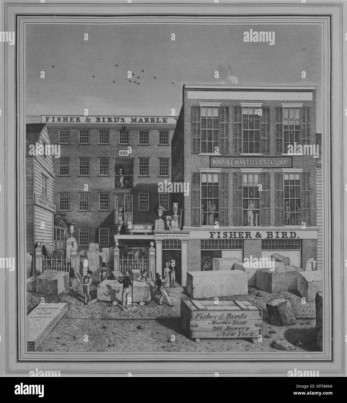 Stich mit dem Titel Fisher & Bird's Marble Yard, 287 Bowery, New York, erstellt von dem US-amerikanischen Künstler John Baker, aktiv um 1830–1840. Das Kunstwerk zeigt den Marmor-Hof in der 287 Bowery in New York City um 1836. Die Bildabmessungen betragen 25,1 x 22,5 cm (9 7/8 x 8 7/8 Zoll), wobei das Blatt 32,6 x 23 cm (12 13/16 x 9 1/16 Zoll) misst. Dieses Stück ist Teil der Edward W. C. Arnold Collection von New York Prints, Karten und Bildern im Metropolitan Museum of Art, New York. Stockfoto