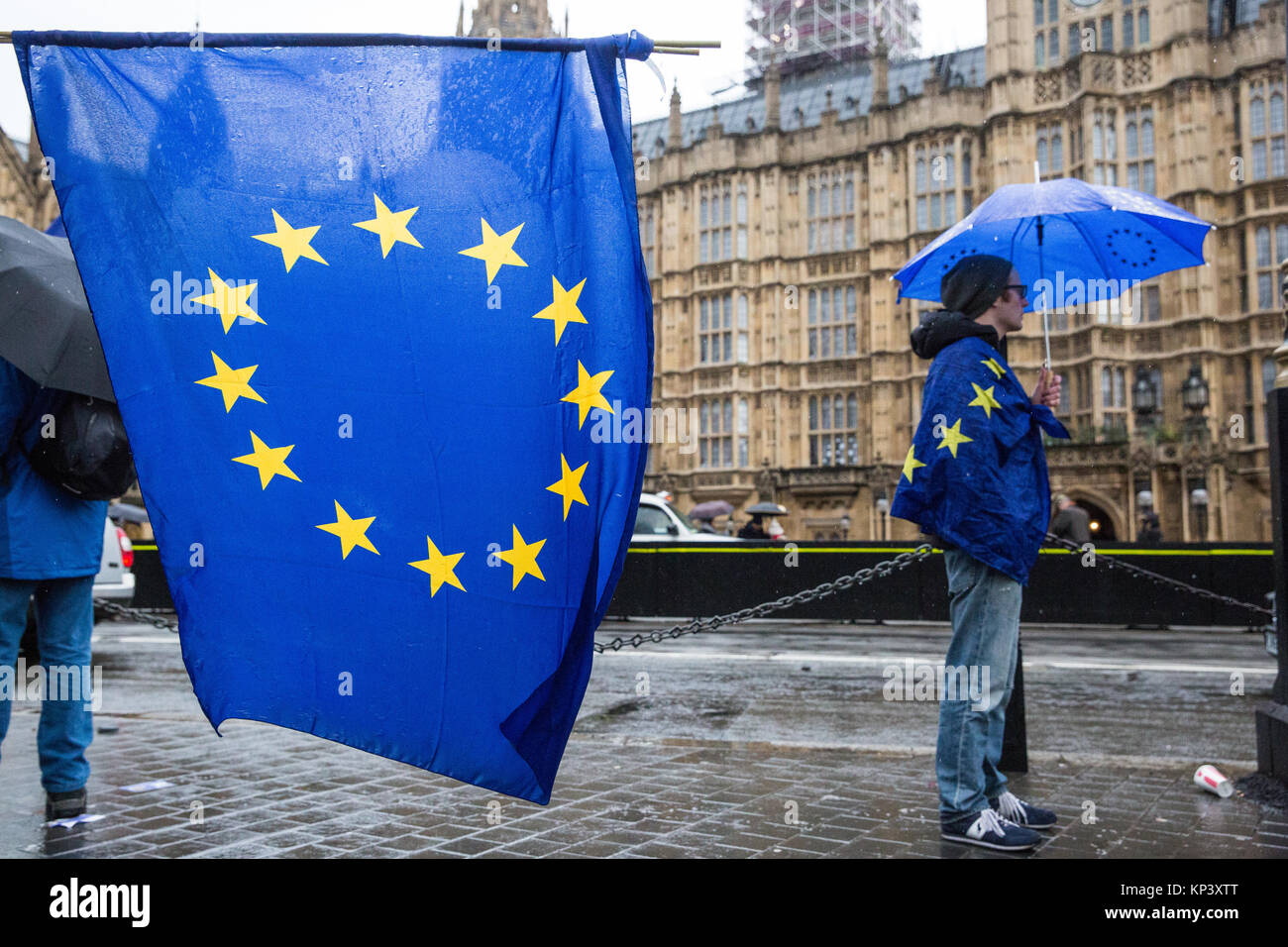 London, Großbritannien. 12. Dezember, 2017. Anti-Brexit Demonstranten wave Europäische Union Flaggen und Union Jacks außerhalb des Parlaments. Credit: Mark Kerrison/Alamy leben Nachrichten Stockfoto