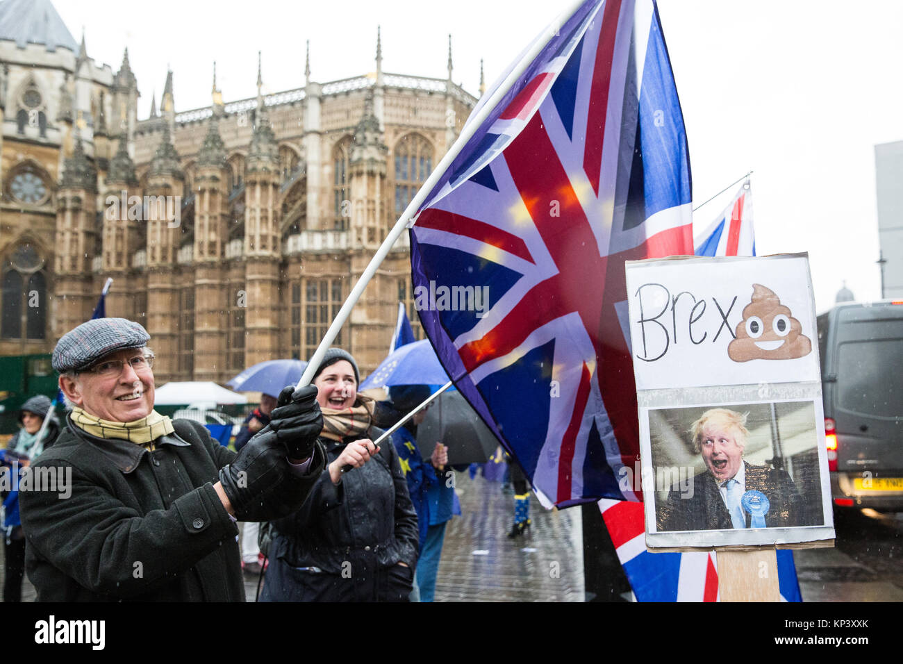 London, Großbritannien. 12. Dezember, 2017. Anti-Brexit Demonstranten wave Europäische Union Flaggen und Union Jacks außerhalb des Parlaments. Credit: Mark Kerrison/Alamy leben Nachrichten Stockfoto