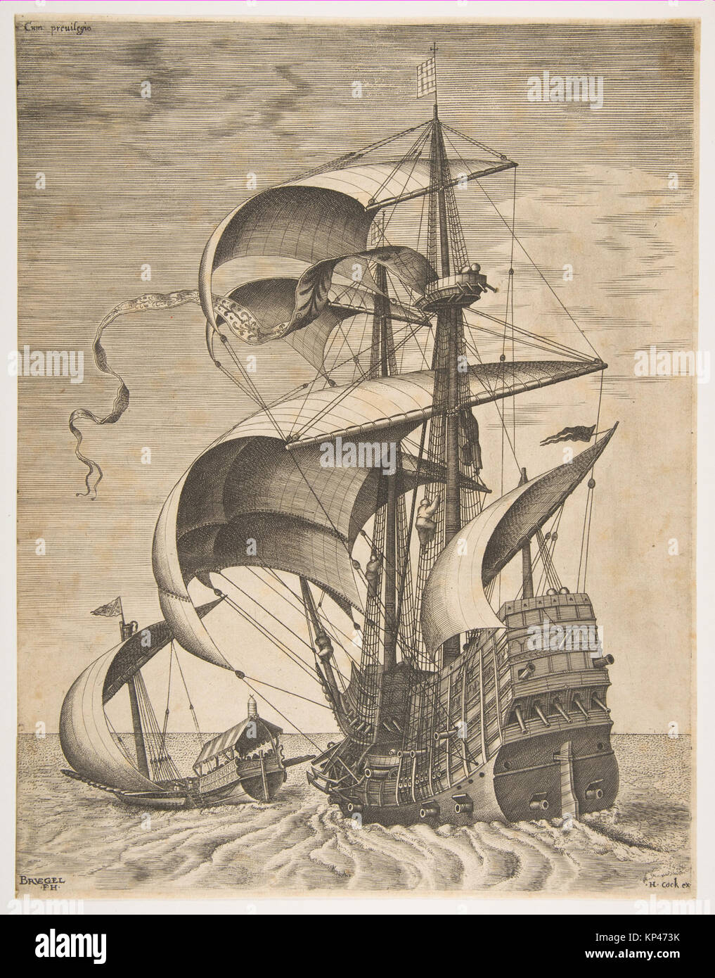 Eine Gravur mit dem Titel „Armed Three-Master on the Open Sea begleitet von einer Galeere“ aus der Serie „Sailing Boats“, die zwischen 1561 und 1565 entstand. Der von Frans Huys gravierte Druck nach Pieter Bruegel dem Älteren zeigt ein Dreimastschiff mit einer Galeere auf dem offenen Meer und zeigt maritime Themen des 16. Jahrhunderts. Stockfoto