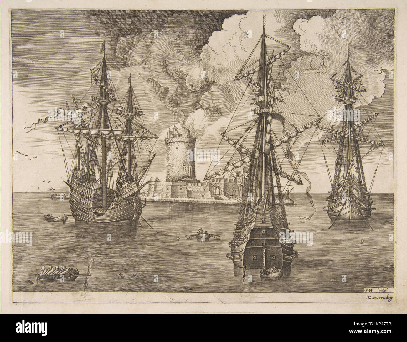 Dieser Stich von 1561 bis 65 von Frans Huys nach Pieter Bruegel dem Älteren zeigt ein Viermastschiff und zwei Dreimastschiffe, die in der Nähe einer befestigten Insel mit Leuchtturm vor Anker liegen. Es ist Teil der Serie „The Sailing Vessels“. Stockfoto