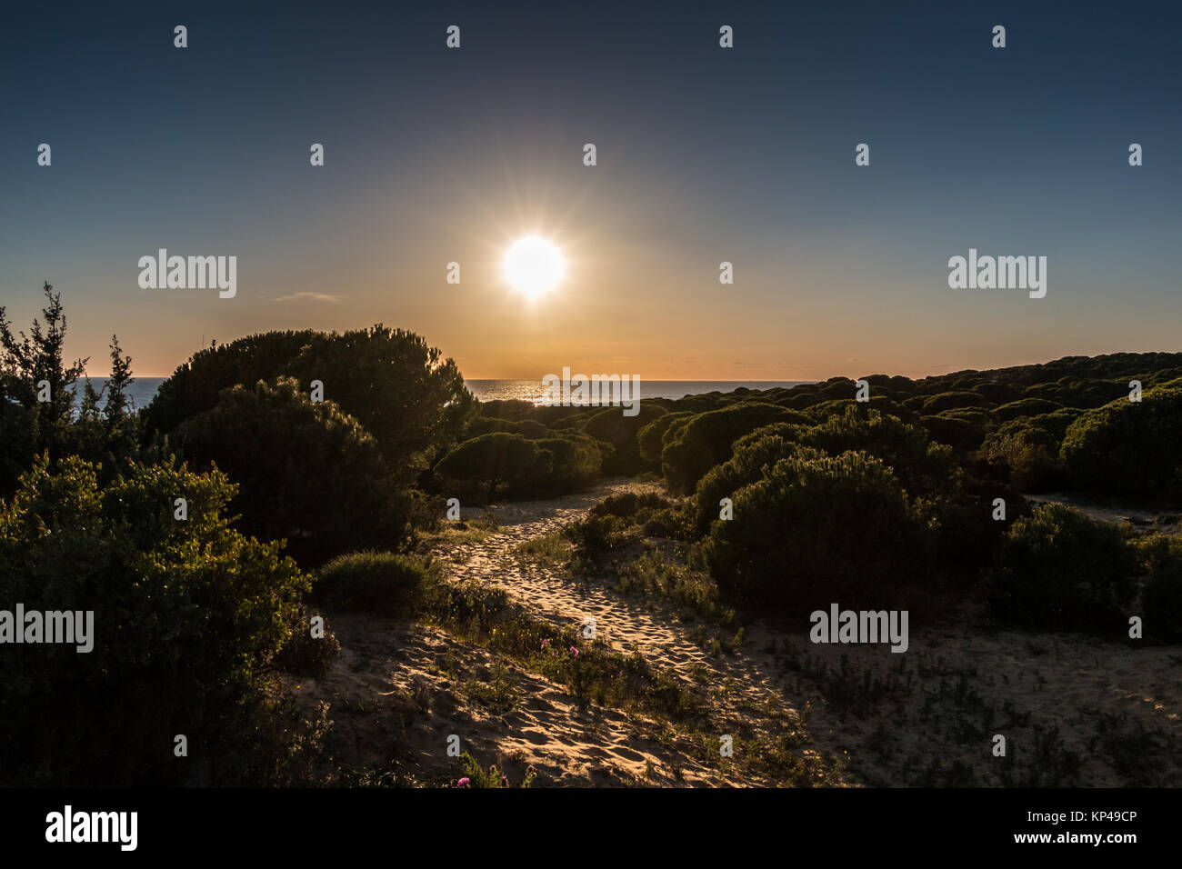 Sonnenuntergang am dunklen Strand von Spanien, Abenteuer Stockfoto