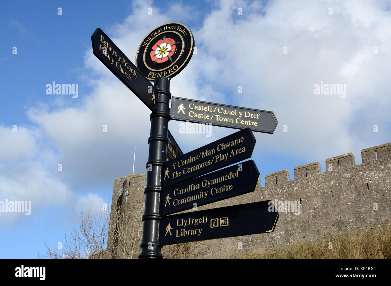 Straßenschild in der Nähe von Pembroke Castle Geburtsort von Henry v11 zeigt die Tudor Rose oder Union Rose Pembroke Pembrokeshire Wales Cymru GROSSBRITANNIEN GB Stockfoto