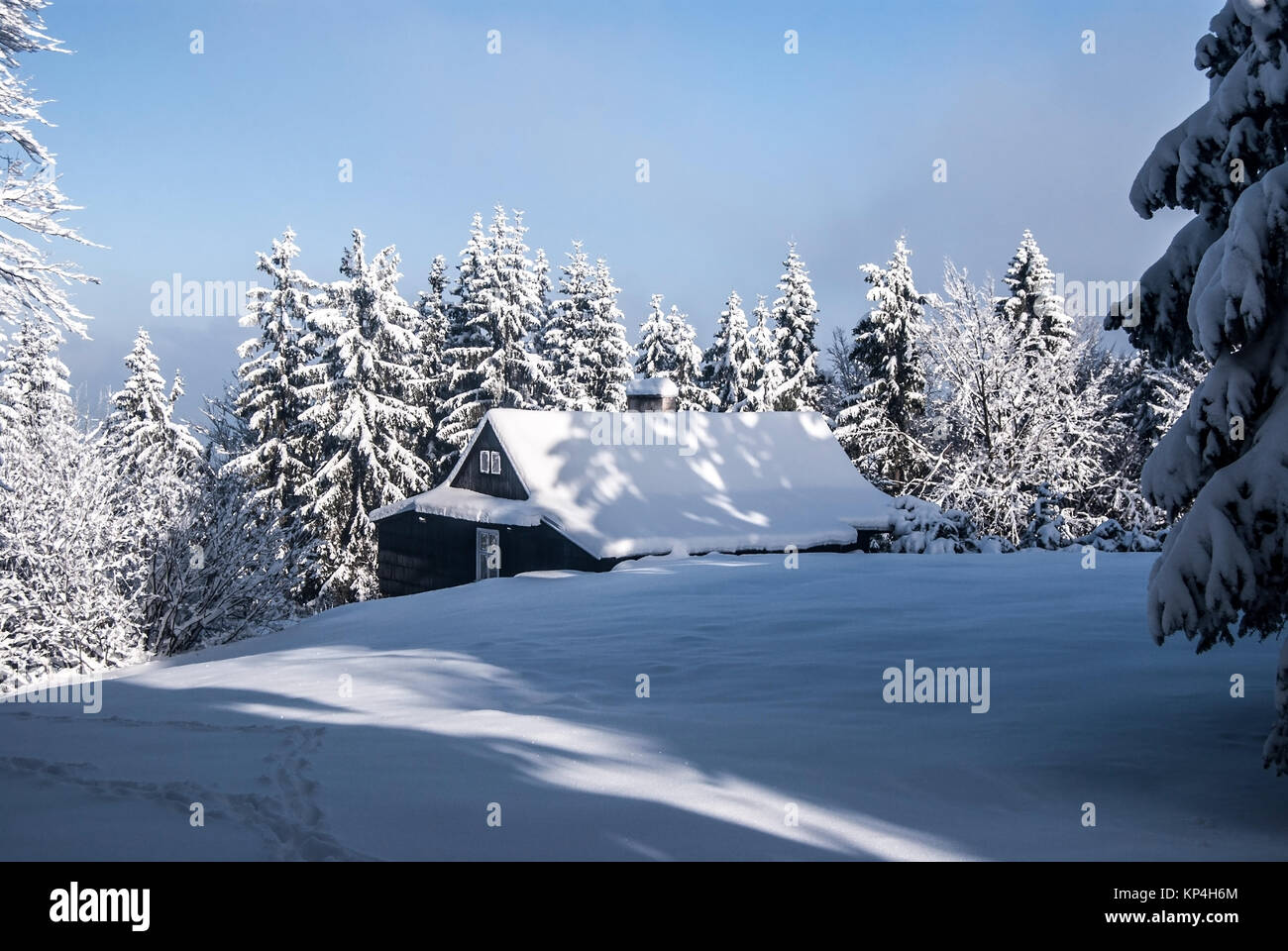 Isolierte Chalet mit Bäumen, Schnee und klarer Himmel in der Nähe von Bily Kriz in Moravskoslezske Beskiden in der Tschechischen Republik während schöner Wintertag Stockfoto