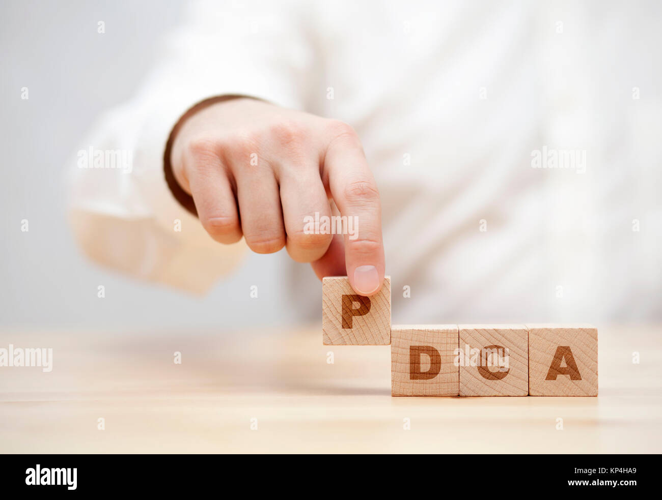 Hand und Wort PDCA (Plan, Do, Check, Act) mit hölzernen Bausteinen aufgebaut Stockfoto