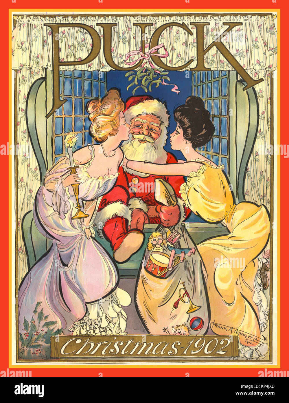 1900 Santa Claus Klettern durch das Fenster mit Sack voller Geschenke wird unter der Mistel durch zwei stilvolle Frauen geküsst.. Weihnachten Abdeckung von Frank eine Nankivell von "Puck"-Magazin, 1902. Eine beliebte wöchentliche, gegründet von karikaturist Joseph Ferdinand Keppler, in St. Louis, USA 1871 Stockfoto