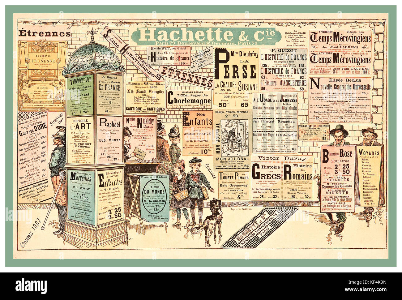 1887 Vintage französische Plakat was auf eine Vielzahl von schönen Überraschungen im Neuen Jahr Geschenke von Hachette und Co Paris Frankreich Stockfoto