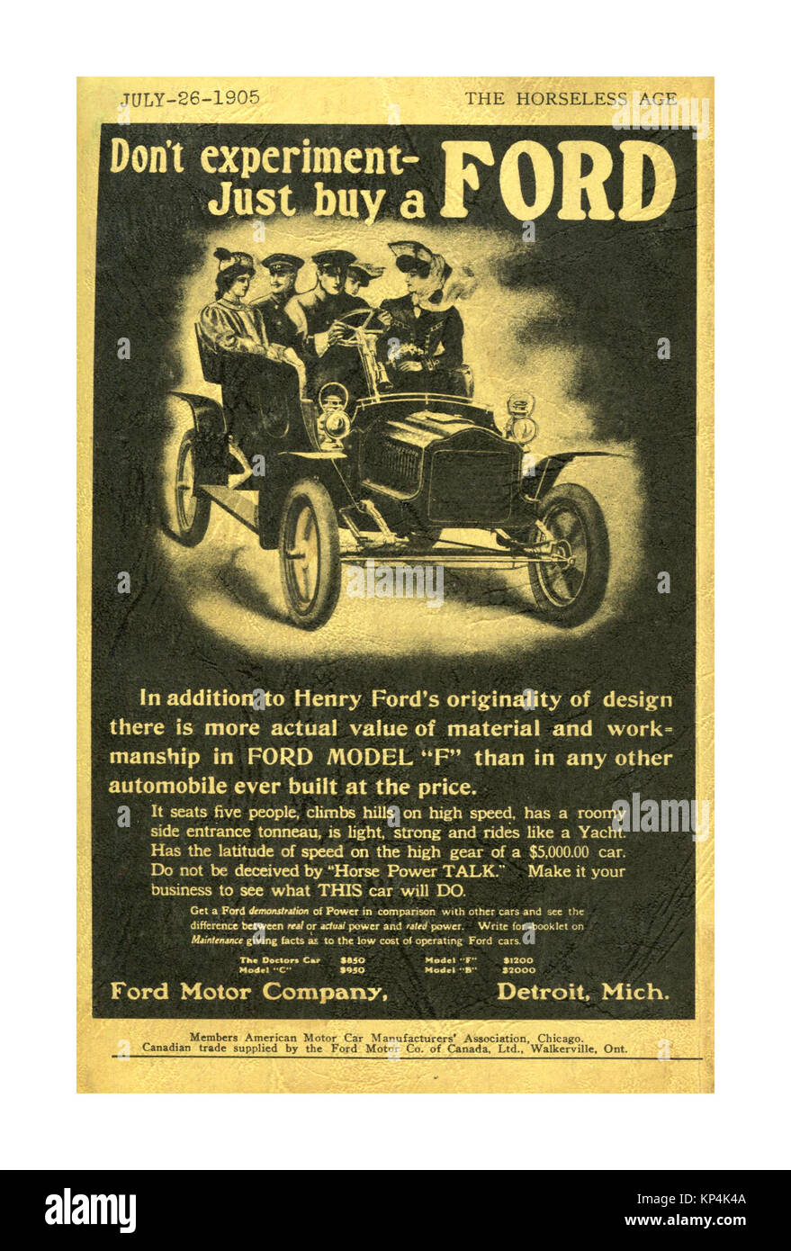 1905 Ford Model F Kfz-Werbung "Die Pferdelosen Alter' der Ford Modell F ist ein Automobil produziert von Ford. Es war eine Entwicklung der Modell A und Modell C, aber war größer, moderner und luxuriöser. Die Produktion begann im Jahre 1905 von 1000 $ US Preisen Stockfoto
