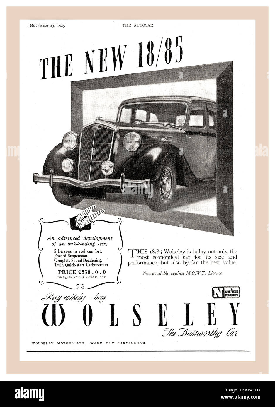 Vintage 30's/40's Autocar Seite Werbung für Wolseley 18/85 (1938 bis 1948) motorcar der Wolseley 18/85 ist ein Automobil, das von Wolseley im Vereinigten Königreich von 1938 bis 1948 produziert wurde. Stockfoto
