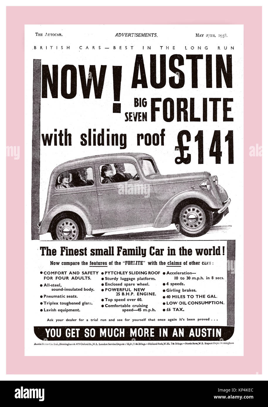 1938 Vintage Autocar Zeitschrift Werbung für Austin Big Seven Forlite britischen Motorcar Stockfoto