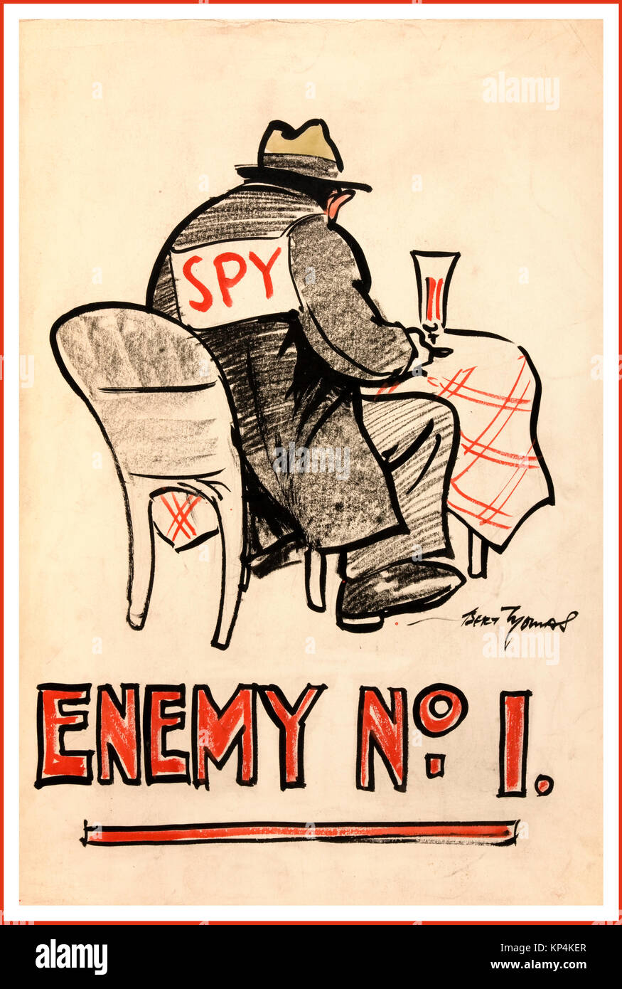 1940 WW2 Weltkrieg 11 UK Britische Propaganda Poster für "Feind Nr. 1" - ein Kunstwerk von Weltkrieg 2 BRITISCHE Regierung Zeichnung von einem Mann in einem Restaurant Bar Stuhl mit dem Wort Spion auf seinem Rücken, Anti Spy Spionage leichtfertiges Gerede Kampagne sitzt. Stockfoto