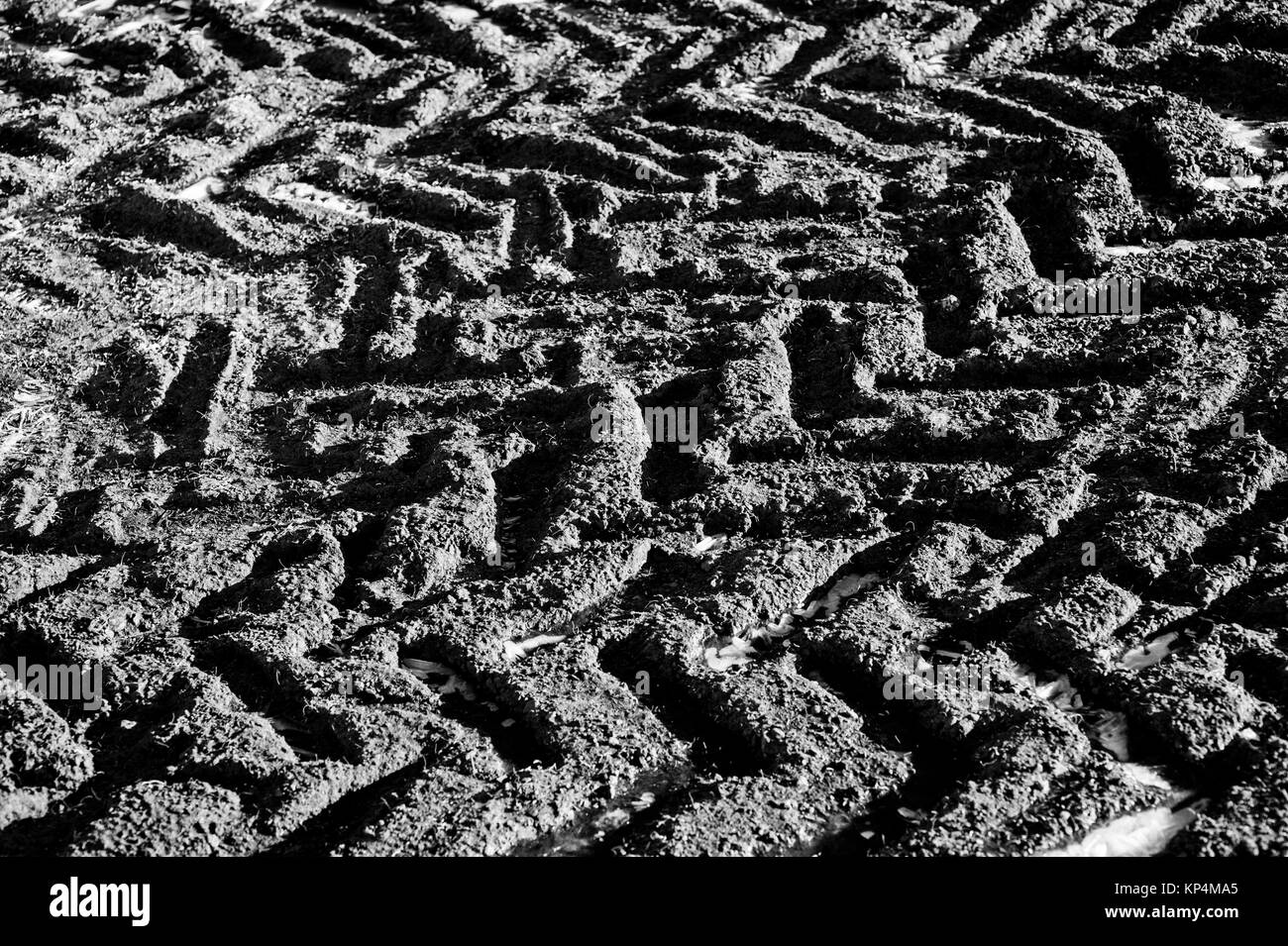 Muster und Formen von Reifenspuren in gefrorenen Schlamm oder Erde mit Eis Pfützen Stockfoto