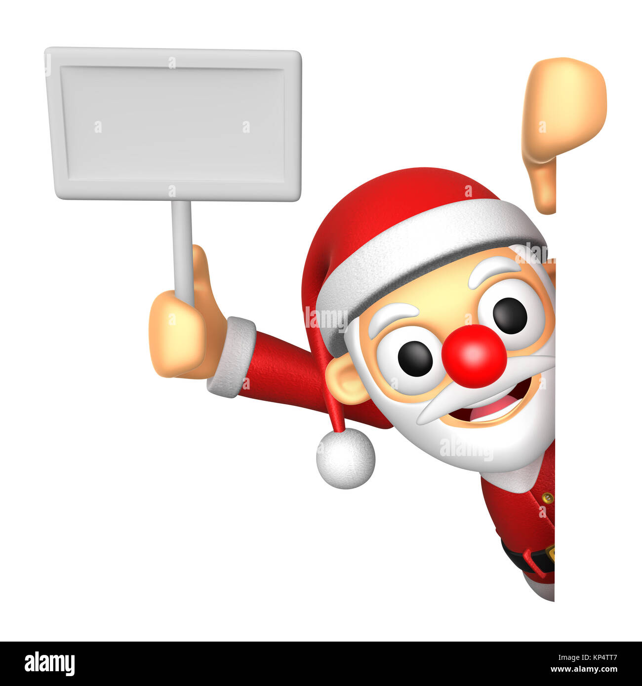 3D Santa Maskottchen Hand hält eine Zaunlatte und Board. 3D Weihnachts-Charakter-Design-Serie. Stockfoto