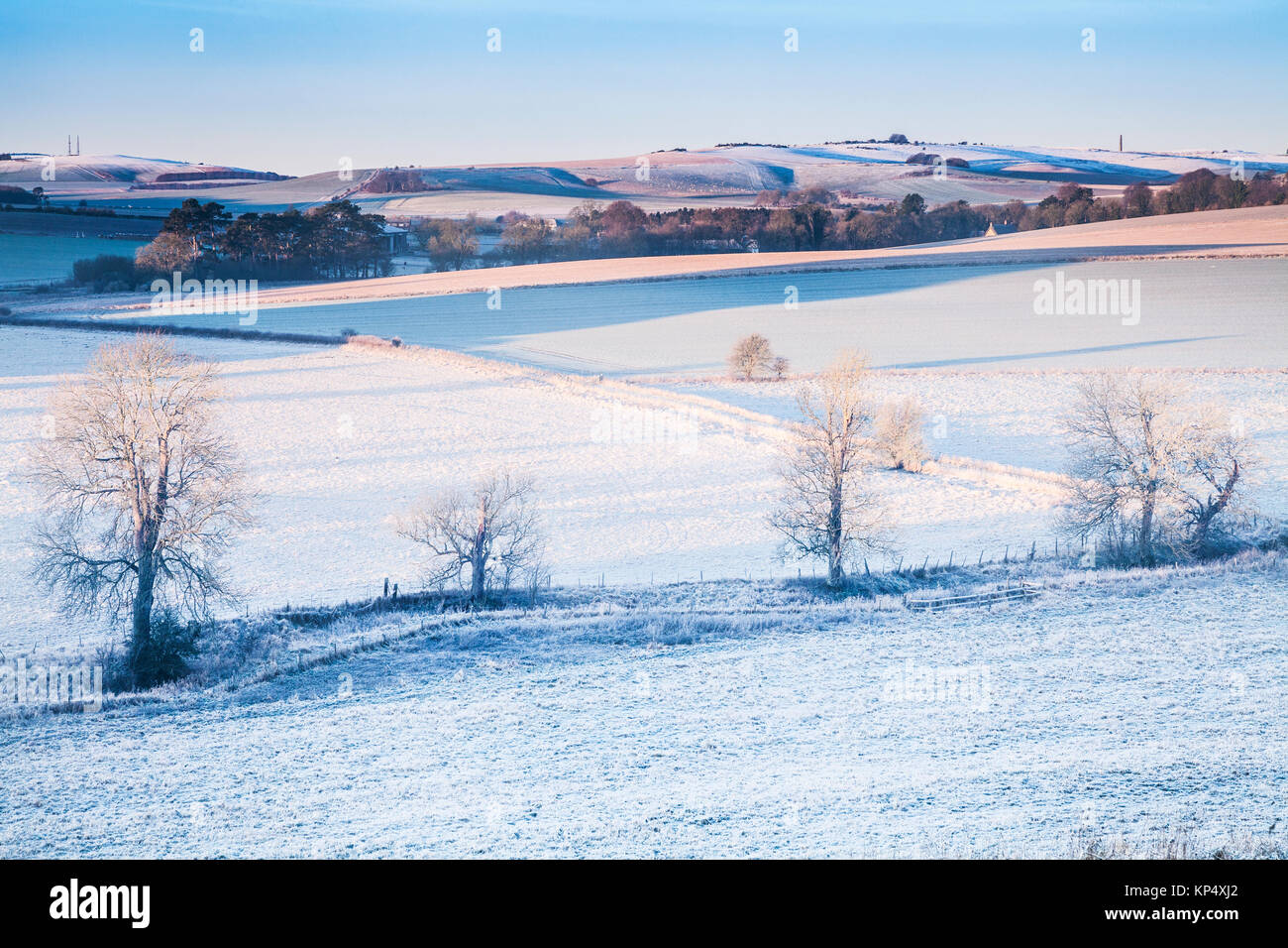 Ein frostiger Morgen auf der Tiefen in Wiltshire in Richtung Beckhampton und Cherhill. Stockfoto