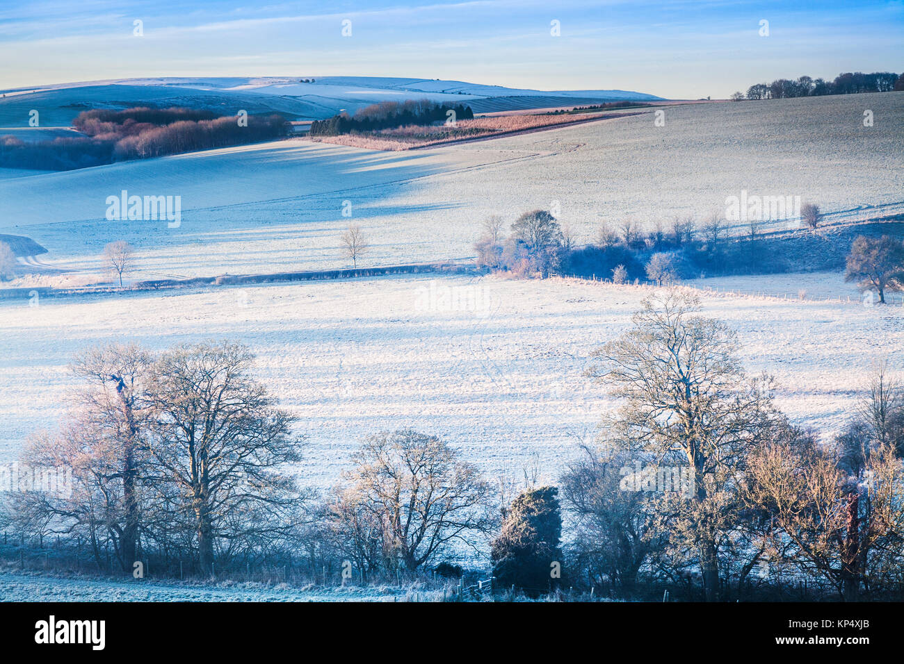 Ein frostiger Morgen auf der Tiefen in Wiltshire. Stockfoto