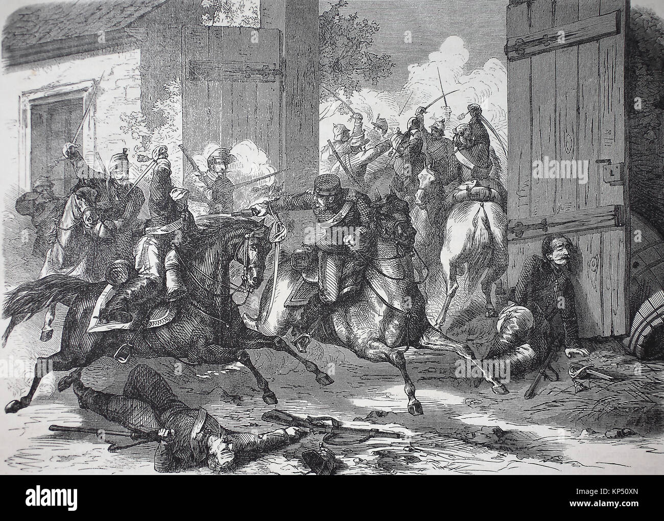 Die Anerkennung Kampf in Niederbronn am 26. Juli, Frankreich 1870, der Zeit des Deutsch-Französischen Krieges oder der deutsch-französische Krieg, Deutsch-Franzoesischer Krieg, 1870-1871, digitale Verbesserte Reproduktion eines original Holzschnitt von 1871 Stockfoto