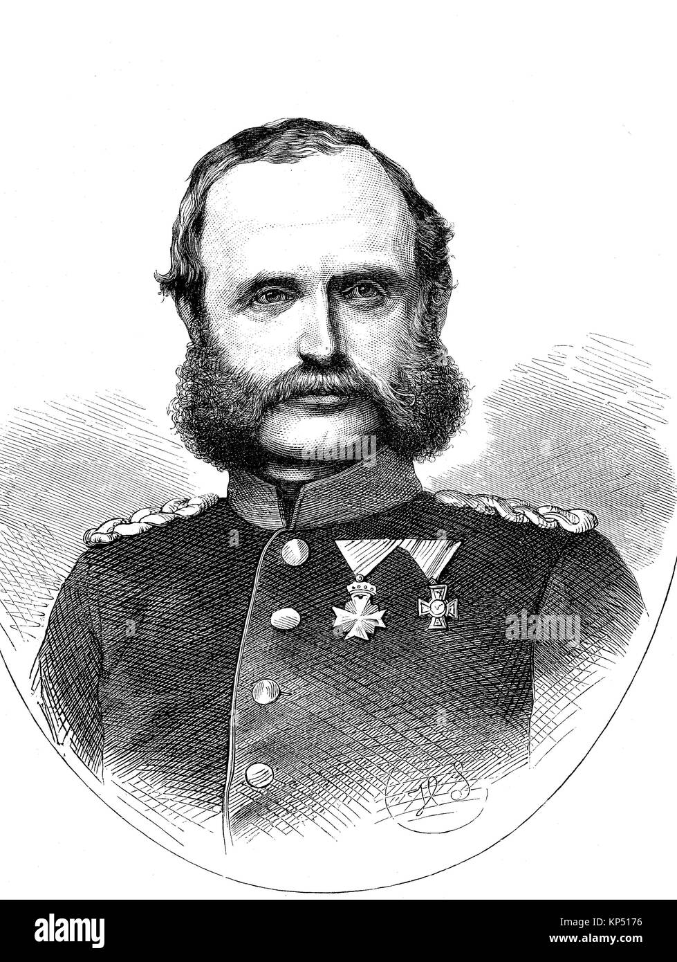 George, der König von Sachsen, in Deutsch - Friedrich August Georg Ludwig Wilhelm Maximilian Karl Maria Andi Täufer Xaver Cyriacus Romanus, 8. August 1832 - 15. Oktober 1904, war ein König von Sachsen aus dem Hause Wettin, Zeit des Deutsch-Französischen Krieges oder der deutsch-französische Krieg, Deutsch-Franzoesischer Krieg, 1870-1871, digitale Verbesserte Reproduktion eines original Holzschnitt von 1871 Stockfoto