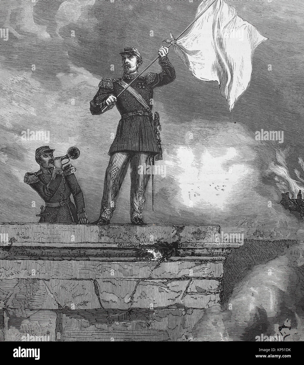 Allgemeine Lauriston als Parlamentarier mit der weißen Fahne auf die Tore von Sedan, Frankreich, Deutsch-französische Kampagne von 1870, der Zeit des Deutsch-Französischen Krieges oder der deutsch-französische Krieg, Deutsch-Franzoesischer Krieg, 1870-1871, digitale Verbesserte Reproduktion eines original Holzschnitt von 1871 Stockfoto