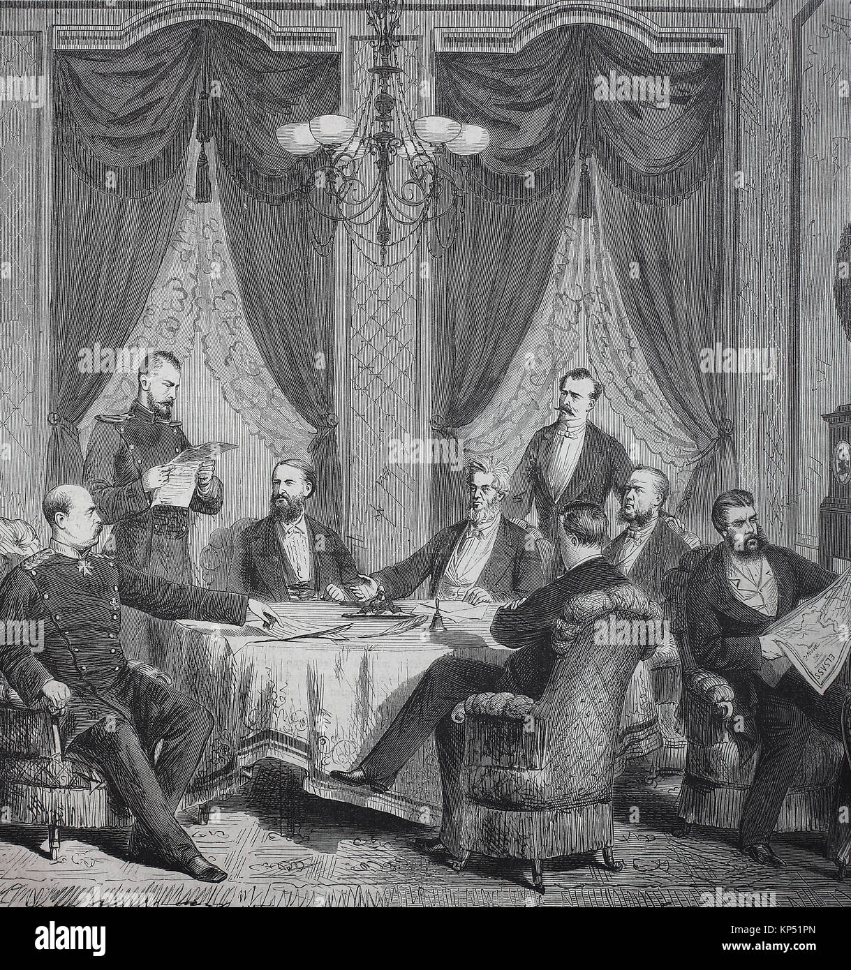 Sitzung der Friedenskonferenz in Frankfurt am Main, 10. Mai 1871, Personen aus der Linken, Fürst Bismarck, Graf Wartensleben, Graf von Arnim, Jules Favre, Marc-Eugène de Goulard, Graf Hatzfeldt Augustin Pouyer-Quertier und Guido Henckel von Donnersmarck, Deutschland, Zeit des Deutsch-Französischen Krieges oder der deutsch-französische Krieg, Deutsch-Franzoesischer Krieg, 1870-1871, digitale Verbesserte Reproduktion eines original Holzschnitt von 1871 Stockfoto