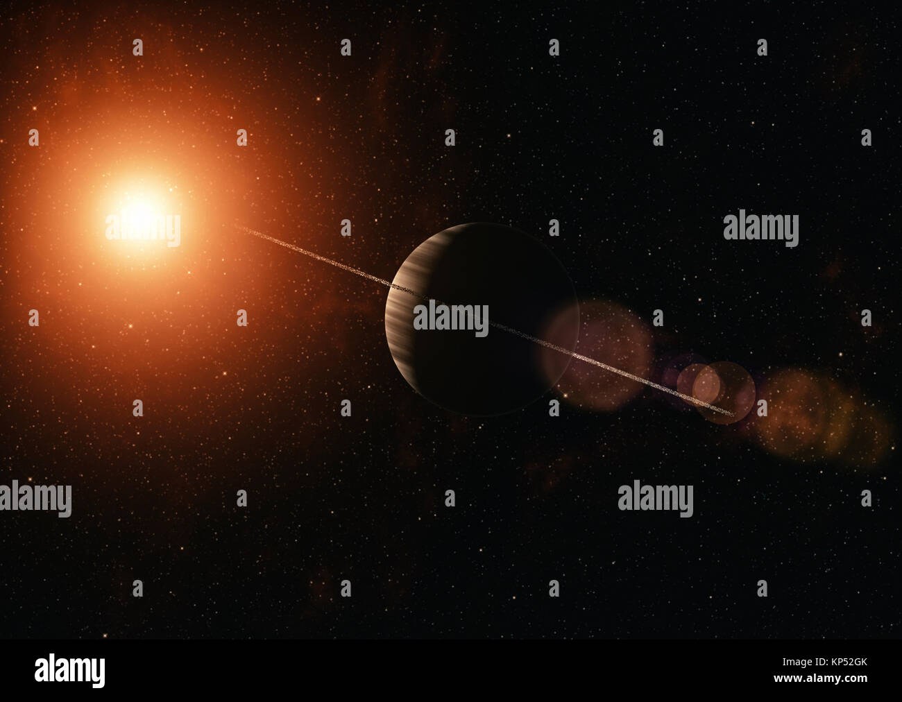 Große Gas Planeten mit ring System der Eispartikel umkreist Roten Riesen. Weltraum, Kosmische Kunst und Science Fiction Konzept. Stockfoto
