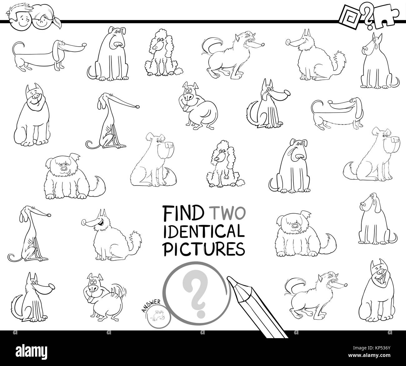 Schwarze und Weiße Cartoon Illustration, zwei identische Bilder pädagogische Tätigkeit Spiel für Kinder mit Hund oder Hund Zeichen färben Bo Stock Vektor