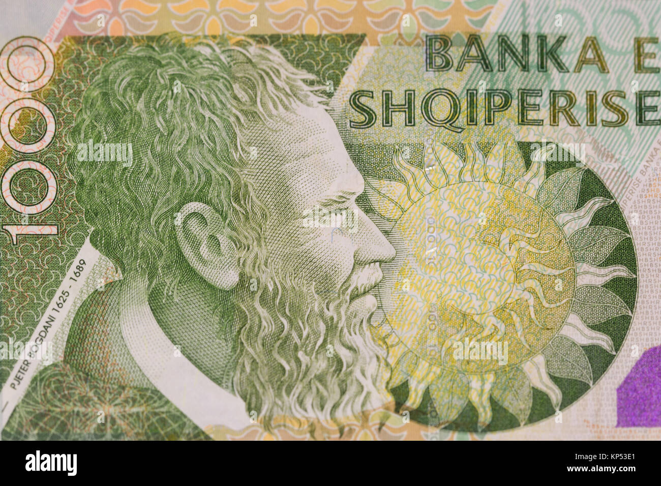 Vorderseite der albanischen Währung Lek Banknote von 1000 Bezeichnung Darstellung Portrait von Pjetër Bogdani, Schriftsteller, Geistlicher, verehrte Albanischen Stockfoto